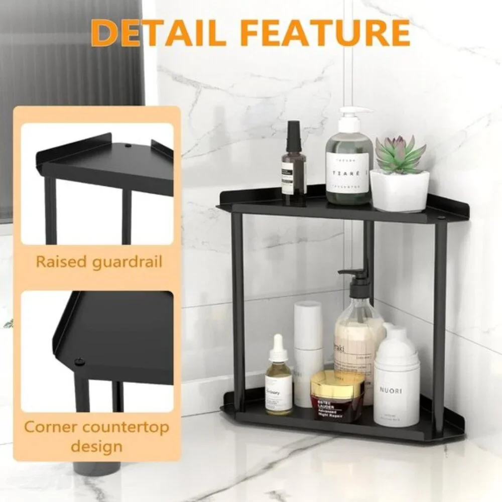 2-Tier Black Bathroom Counter Organizer, Vanity & Kitchen Corner Shelf Storage